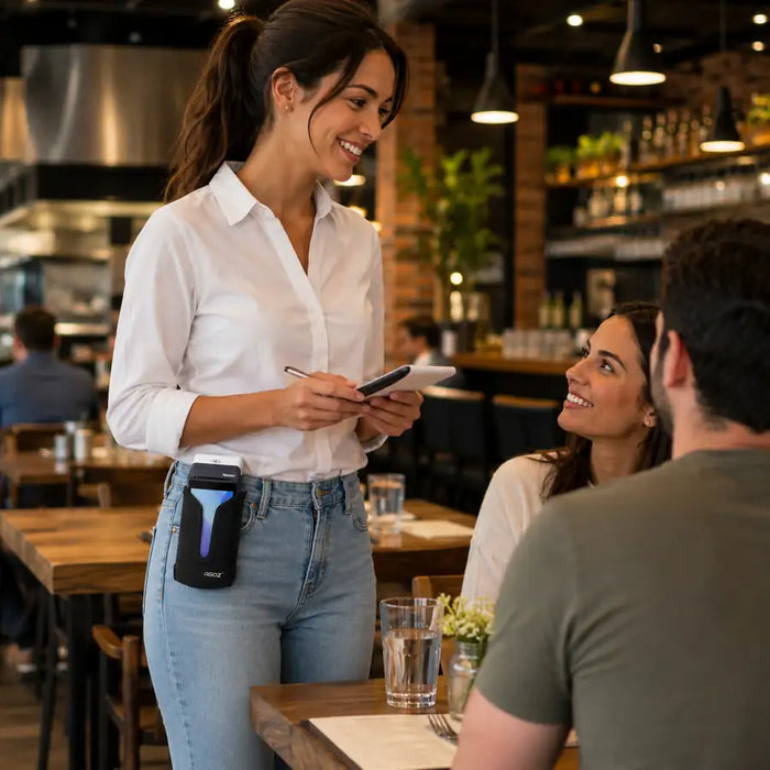 Female restaurant server talking with customers while carrying a Newland mobile POS device in a black AGOZ belt holster on light blue jeans