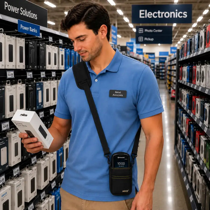 Retail associate wearing a black AGOZ crossbody scanner case with a Datalogic mobile computer while checking a product in an electronics aisle.