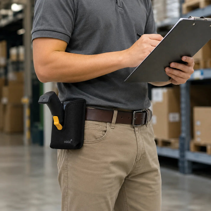 Man in a warehouse carrying an Unitech handle with a trigger handle on his belt