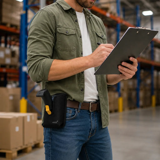 Warehouse employee reviewing inventory on a clipboard while wearing a black AGOZ belt holster holding a Chainway handheld scanner in a storage aisle.