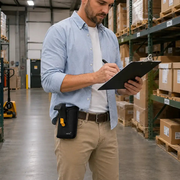 A man in a warehouse wearing a light blue button-down shirt, khaki pants, and a black utility belt pouch with a small orange accent, holding a clipboard and writing. He wears a Wasp scanner handle belt holster. 