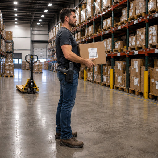 Man with Zebra scanner holding a cardboard box in a warehouse filled with shelves of boxes.