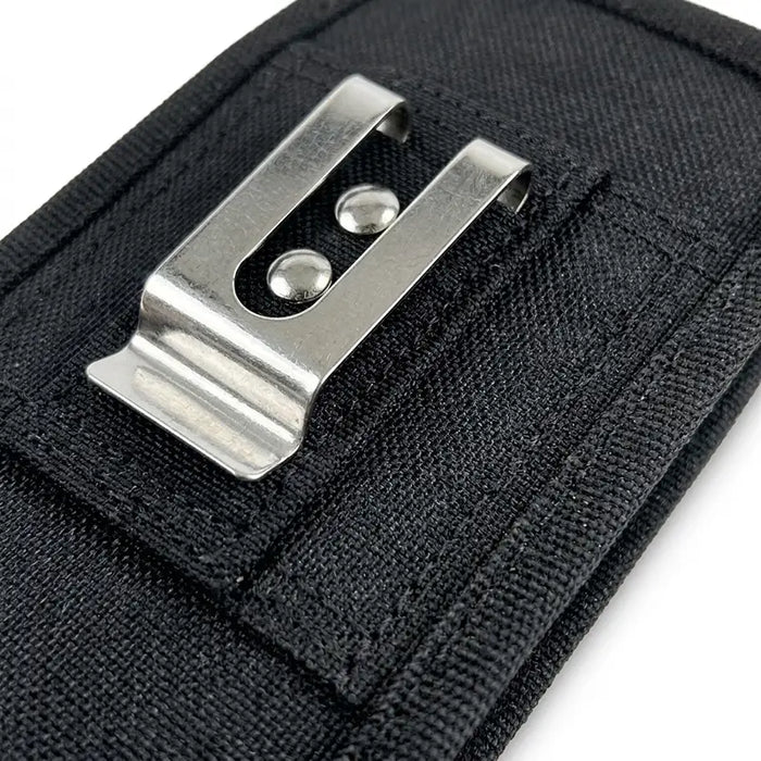 Close-up of AgozTech holster back with stainless steel belt clip