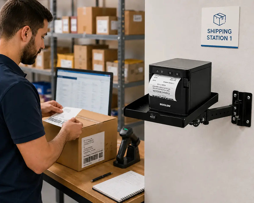 Warehouse shipping station using AgozTech Bixolon receipt printer tray with wall mount swing arm