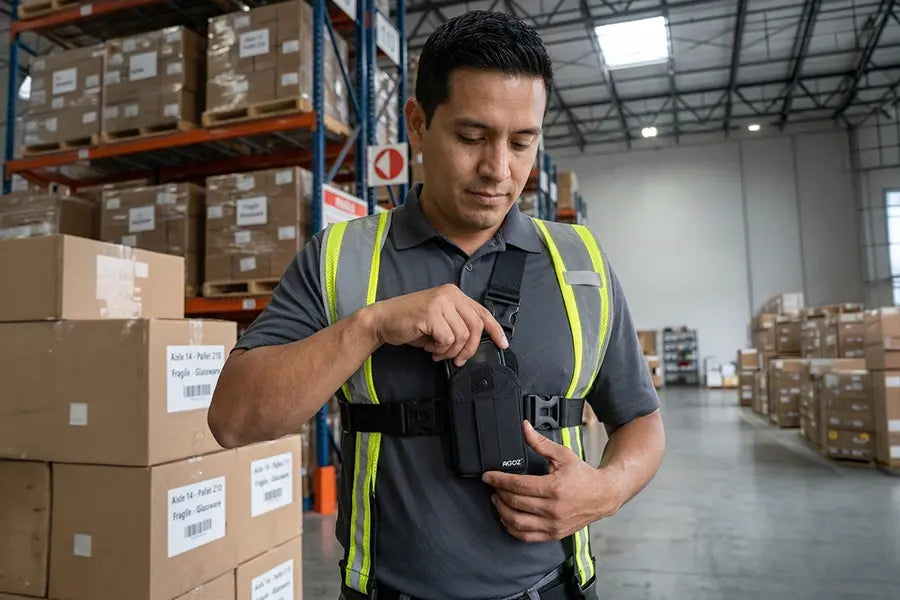 Warehouse worker using a Chest Harness Holster for Point Mobile Scanners in a storage facility with boxes and shelving in the background