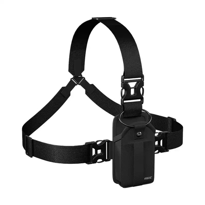 Angled front view of Chest Harness Holster for Point Mobile Scanner with black pouch and secure strap system