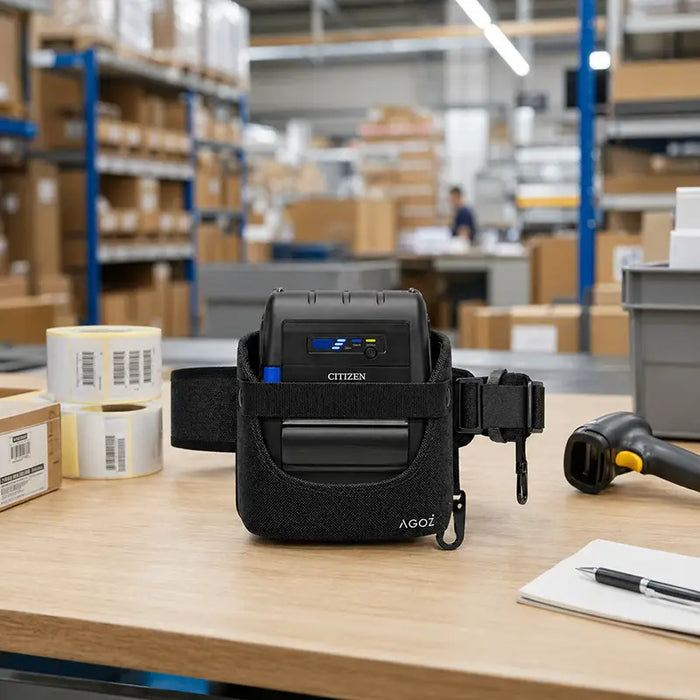Citizen mobile printer utility belt displayed on a packing station table in a logistics center