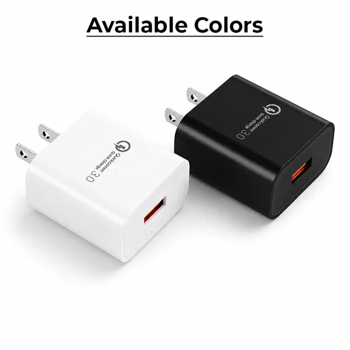Black and white Quick Charge 3.0 wall charger color options for iMin POS terminals, each featuring a USB-A charging port.