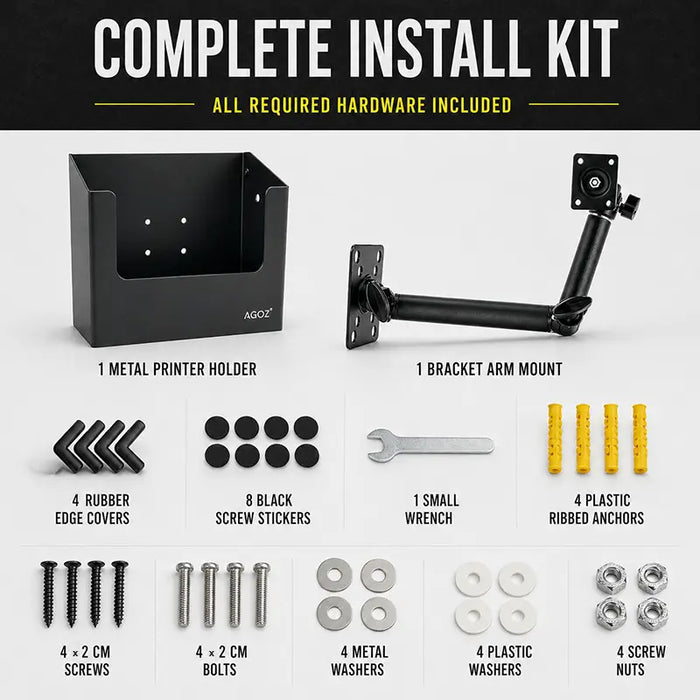 Complete install kit for Citizen mobile printer arm mount with holder, bracket arm, screws, washers, nuts, and hardware