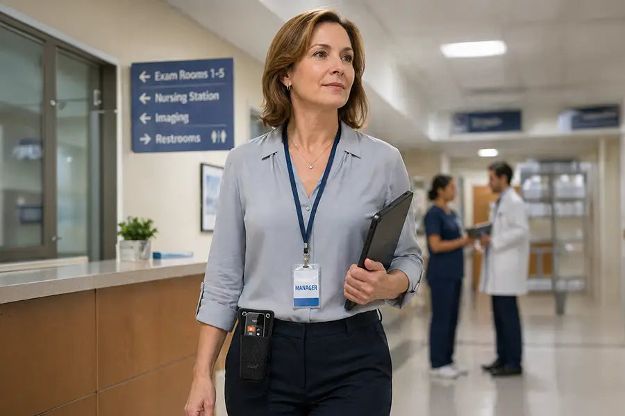 Healthcare manager walking through a clinic with a Gigaset wireless phone secured in an Agoz canvas belt case.