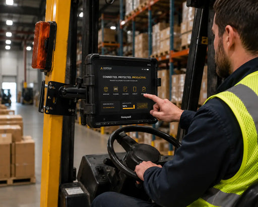 Honeywell RT10 tablet mounted on forklift using VESA mount