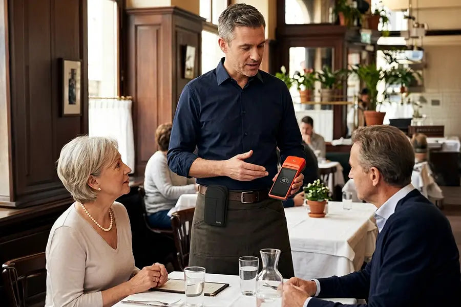 Server wearing AgozTech iMin Swift POS Pouch with Belt Clip holding payment terminal for guest at restaruant for payment.