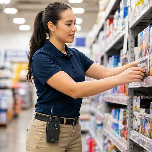 Retail associate wearing AgozTech Icom Radio Holster on waist belt while stocking shelves in store aisle
