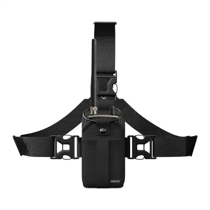 Icom radio secured in AgozTech chest harness holster with front-facing access