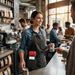 Barista wearing the Agoz Min Handheld POS Holster with Sling / Waist Belt 