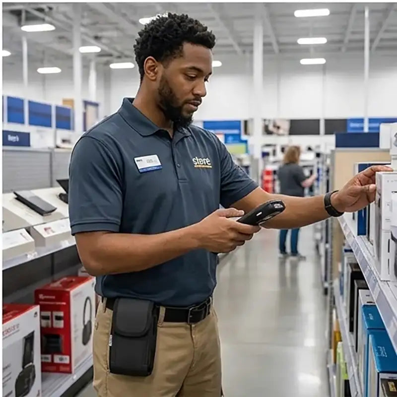 Retail worker wearing an AgozTech rugged Zebra handheld case with belt clip while scanning shelf inventory in an electronics store aisle.