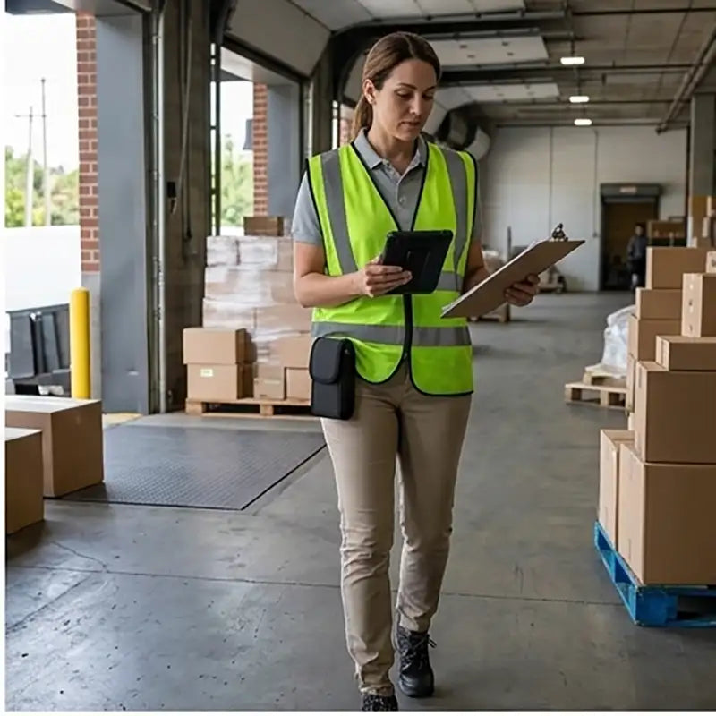 Service worker wearing a rugged WASP handheld scanner case with belt clip while reviewing tasks on a tablet in a warehouse loading area.