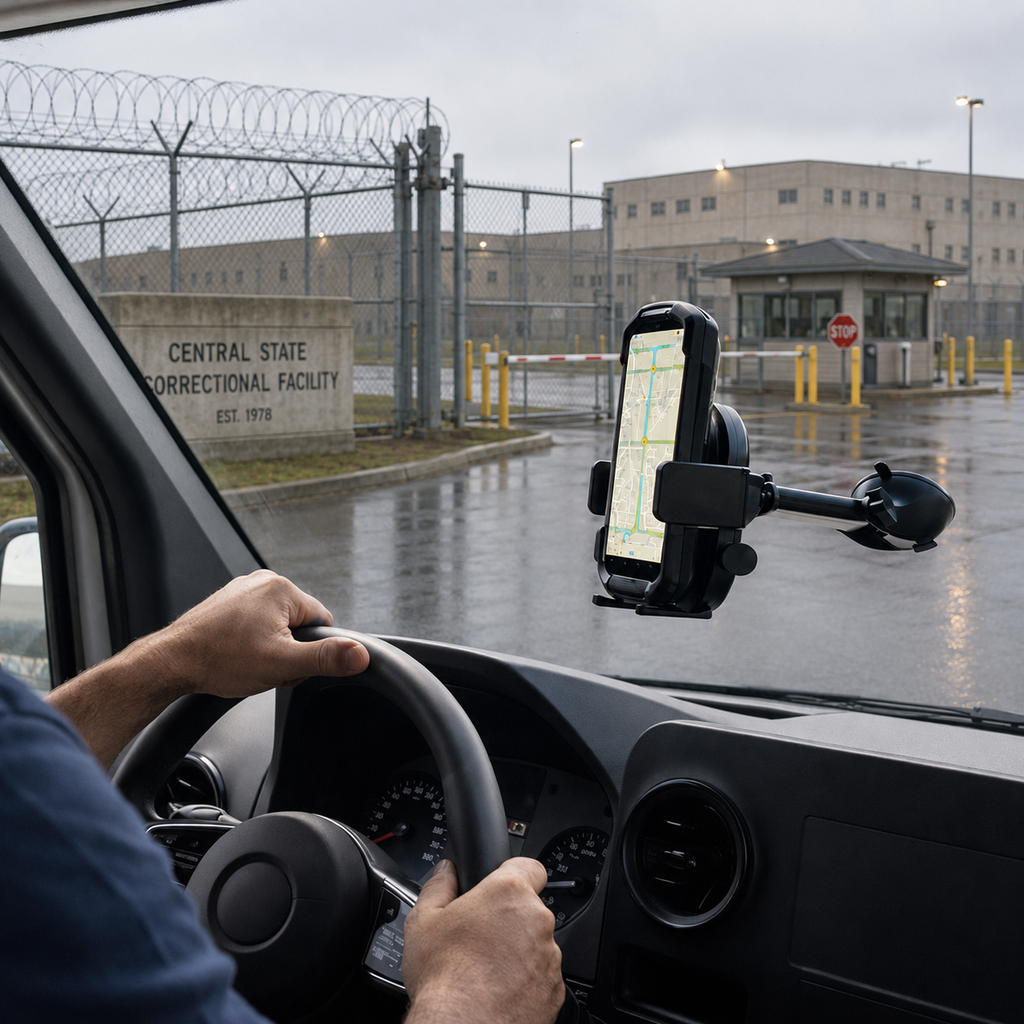 Guardian RFID Spartan 3 mounted on a windshield vehicle cradle holder inside a vehicle approaching a correctional facility entrance.
