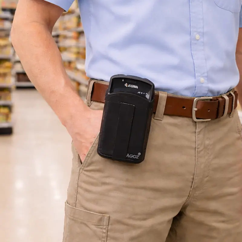 Retail Worker wearing AgozTech black holster case with Zebra TC58 TC58e handheld mobile computer on waist belt