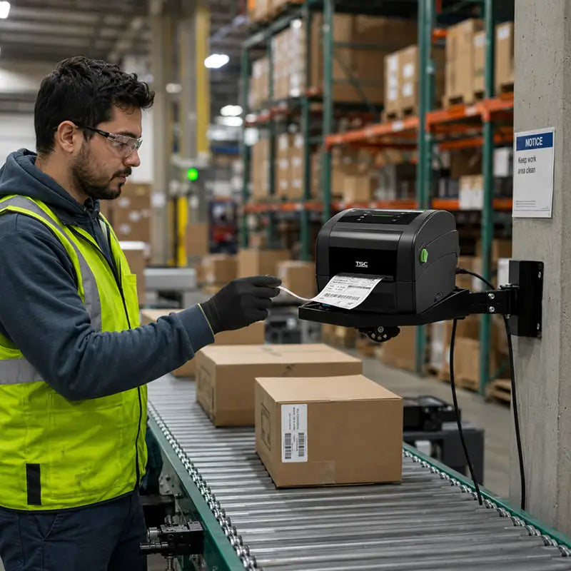 Warehouse worker pulling a printed shipping label from a TSC desktop label printer mounted on an AgozTech black wall mount shelf near a conveyor line.