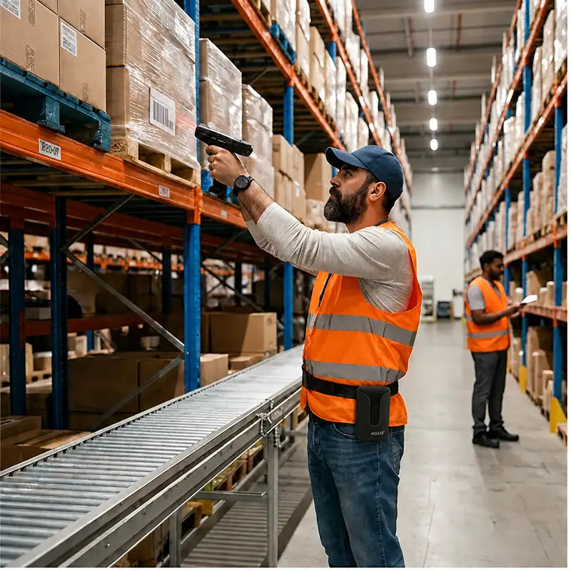 Warehouse worker wearing an Agoz WASP trigger scanner holster while scanning pallet labels during warehouse barcode workflows.