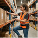 Warehouse worker using an Elo scanner with handle while wearing an Agoz belt case for mobile order and inventory workflows.