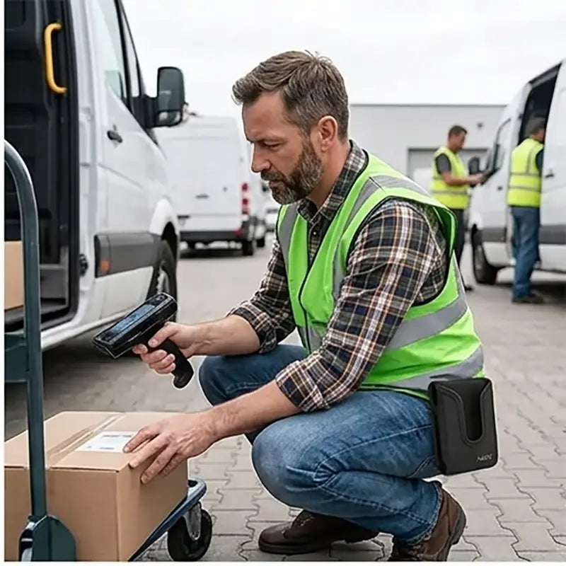 Field service worker scanning a package with a Unitech trigger scanner while wearing an Agoz holster at a delivery vehicle.