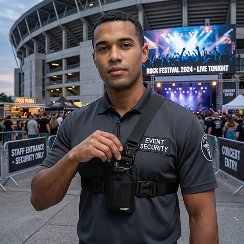 Security worker wearing chest harness pouch for Kenwood  two-way radio outside a concert venue