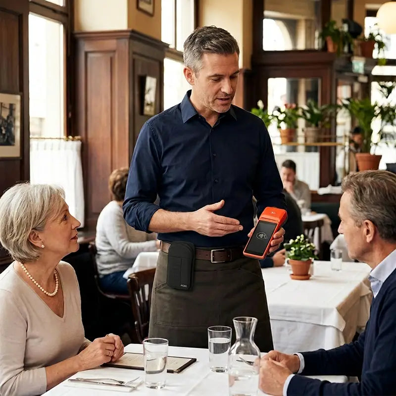 Restaurant server using an iMin M2 POS terminal while wearing an AgozTech belt pouch during table service.