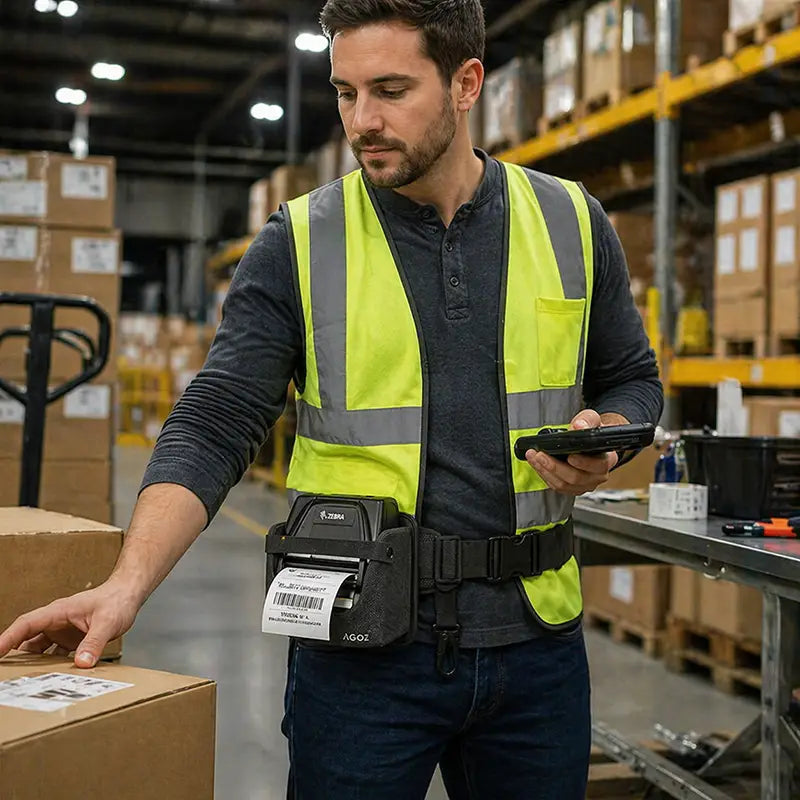 Warehouse worker using an AgozTech Zebra ZQ521 printer waist belt carrying case while scanning boxes in a busy fulfillment center.