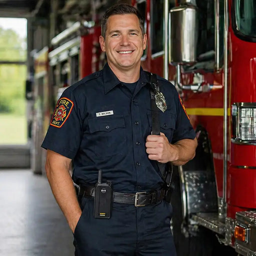 Firefighter standing inside a fire station next to a fire truck, wearing an AgozTech radio case with snap closure holding a Tait TP9800 two-way radio on his belt