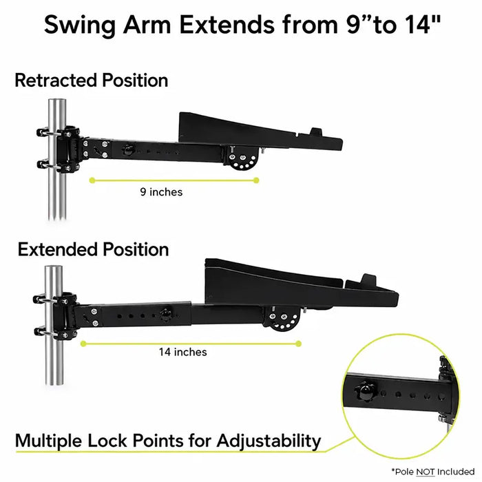Agoz Brother printer pole-mount arm shown in 9-inch retracted and 14-inch extended positions with multiple locking points.