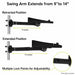 Agoz Brother printer pole-mount arm shown in 9-inch retracted and 14-inch extended positions with multiple locking points.