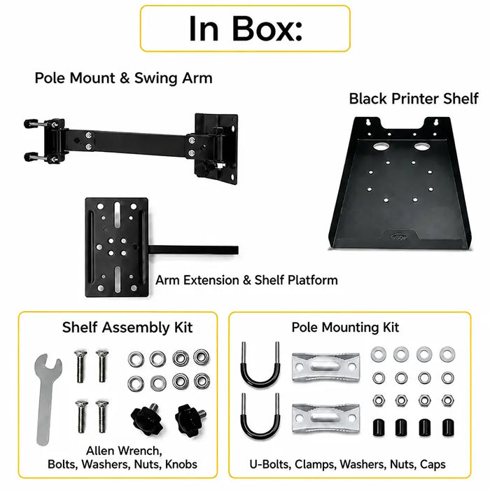 Agoz Bixolon printer pole mount package contents with swing arm, tray, U-bolts, clamps, and assembly hardware.