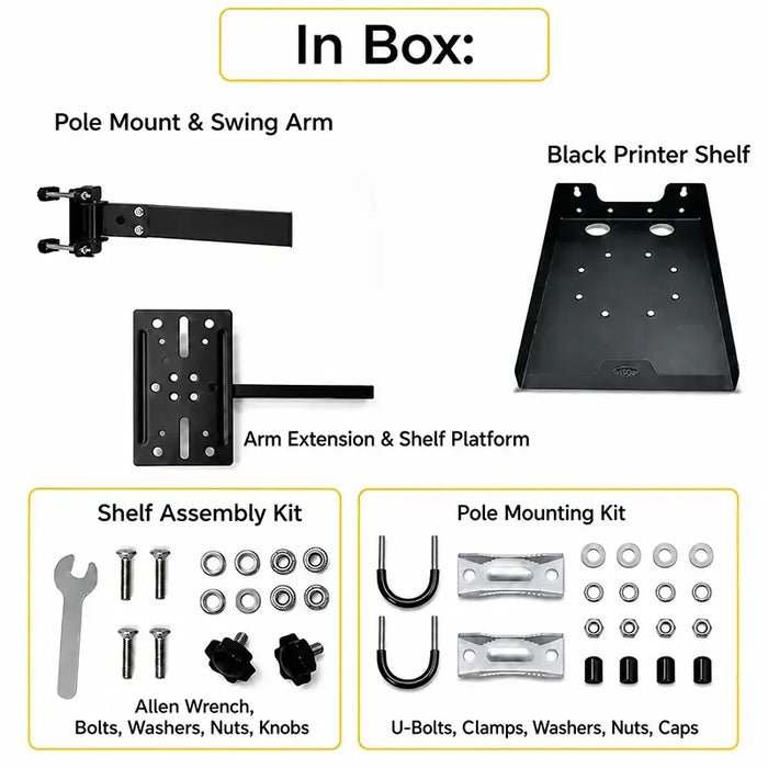 In-box contents for the Agoz Star Micronics printer tray pole mount, including swing arm, printer shelf, shelf assembly kit, and pole mounting kit.