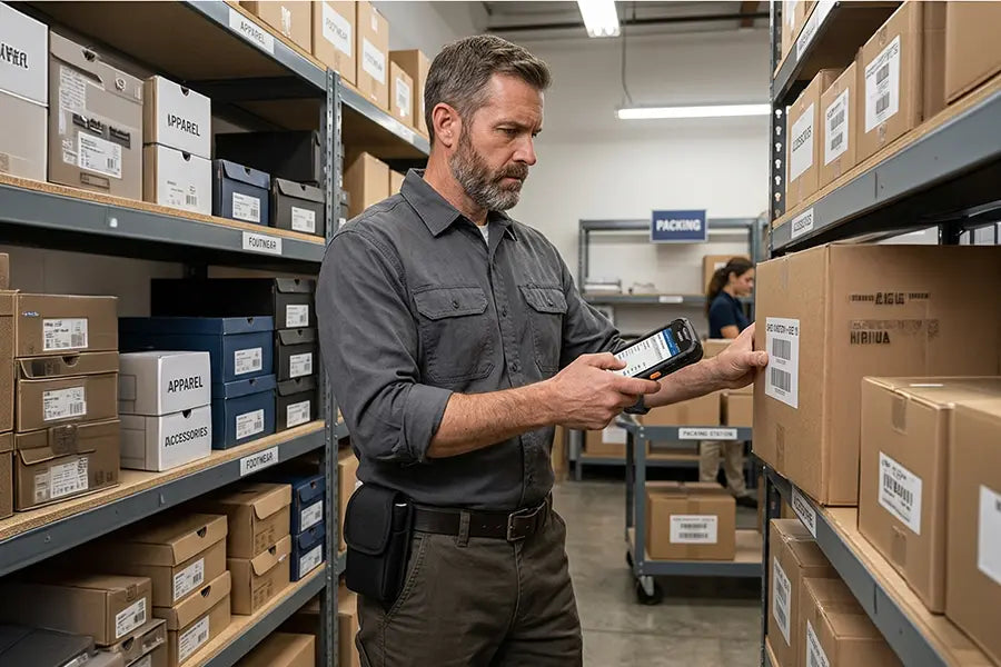 Warehouse worker using a Point Mobile scanner with belt case while checking inventory in a stockroom