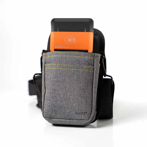 Sunmi POS terminal secured in grey Agoz pouch with shoulder strap