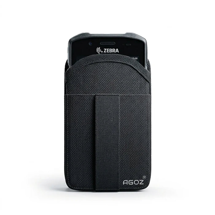 AgozTech black holster case holding Zebra TC73 handheld mobile computer, front view