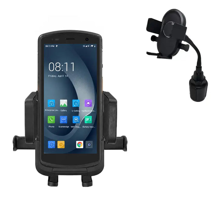 Urovo mobile computer in a vehicle cradle holder with cup holder mount attachment shown beside it.