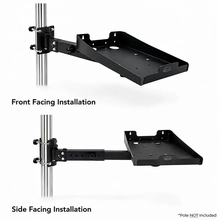 Agoz pole-mounted Honeywell printer shelf shown in front-facing and side-facing installation configurations.